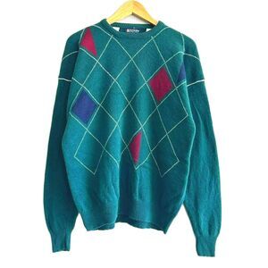 Argyle Sweater Pure Wool Crewneck Long Sleeve Mens XL Pullover Vintage Green Top